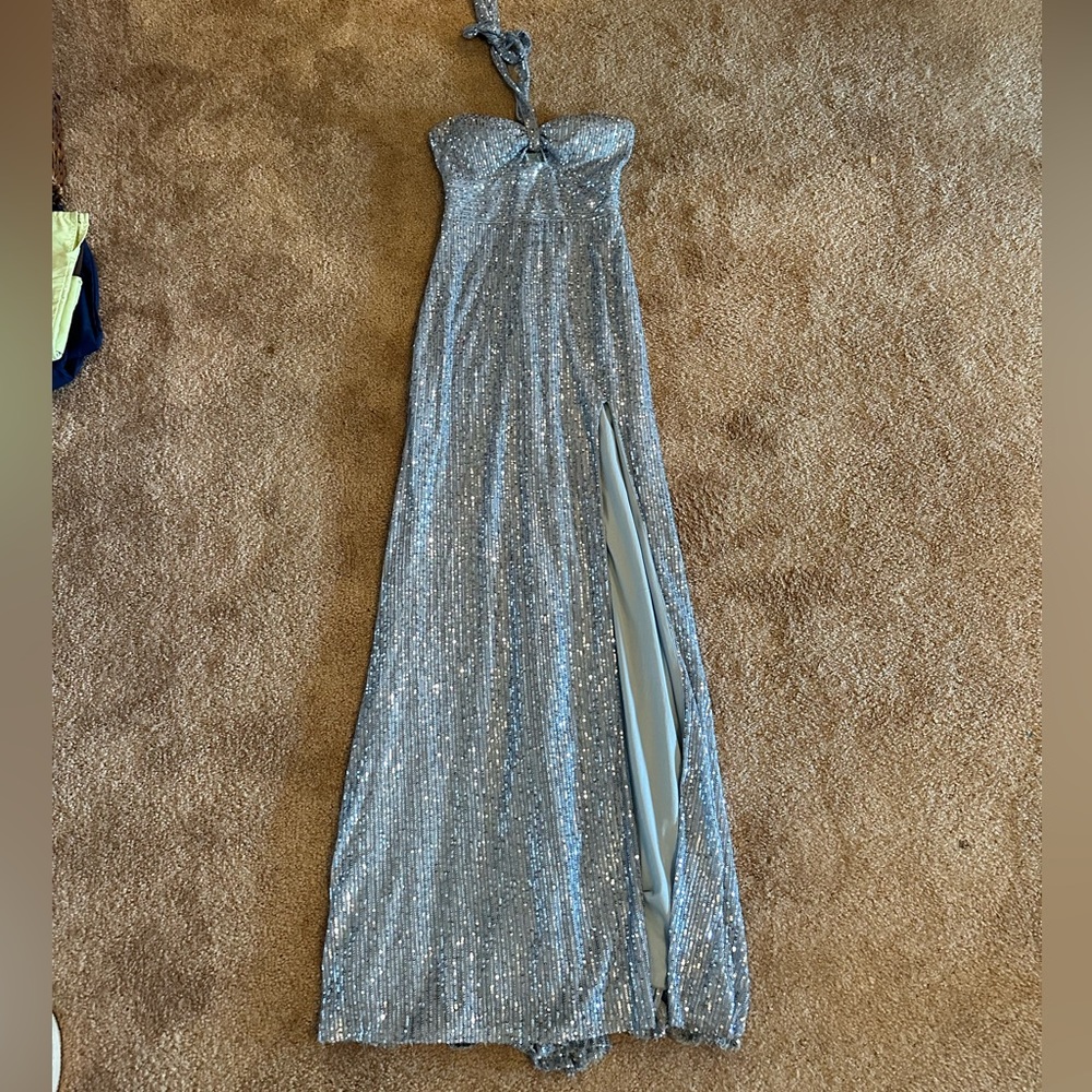 Blue sparkly halter neck prom dress